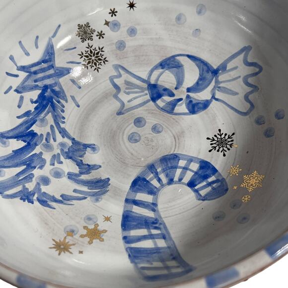 Blue & White Christmas Pottery Bowl with a Candy Cane, Peppermint, and Tree - Picture 3 of 10